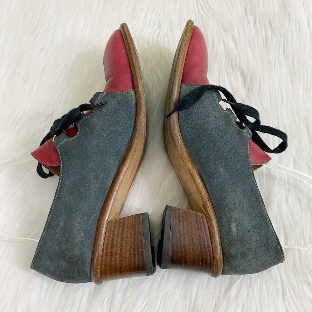 Vintage Gray Suede & Red Leather Lace Up Shoes Block Heel Made in Italy Sz 10AA - Picture 5 of 9